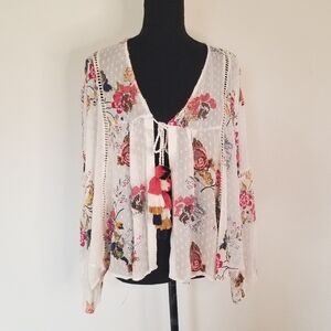 ZARA Woman boho embroidered kimono top tassels puffed sleeves  floral TINY FLAW